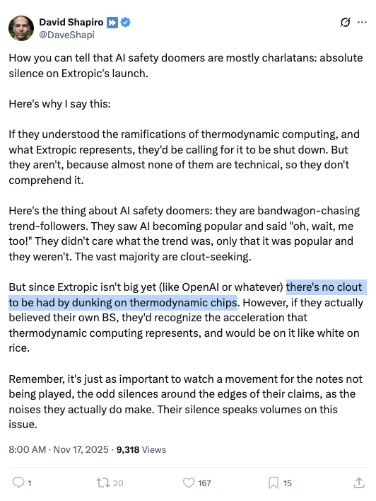 liron's tweet image. What are you talking about, every time I dunk on Beff Jezos&apos;s VC-dazzling chip to nowhere it&apos;s like high-IQ roll call in my likes.

x.com/liron/status/1…