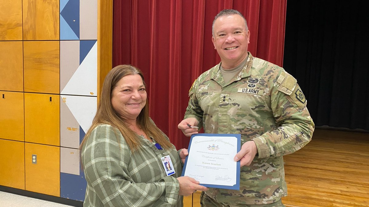 PADMVA's tweet image. Today the Department of Military and Veterans Affairs (DMVA) honored two of its own. Karen Scarlett was presented a certificate of service for her five years of service and James Morgan was presented a certificate of service for his 10 years of service. DMVA thanks you both for…