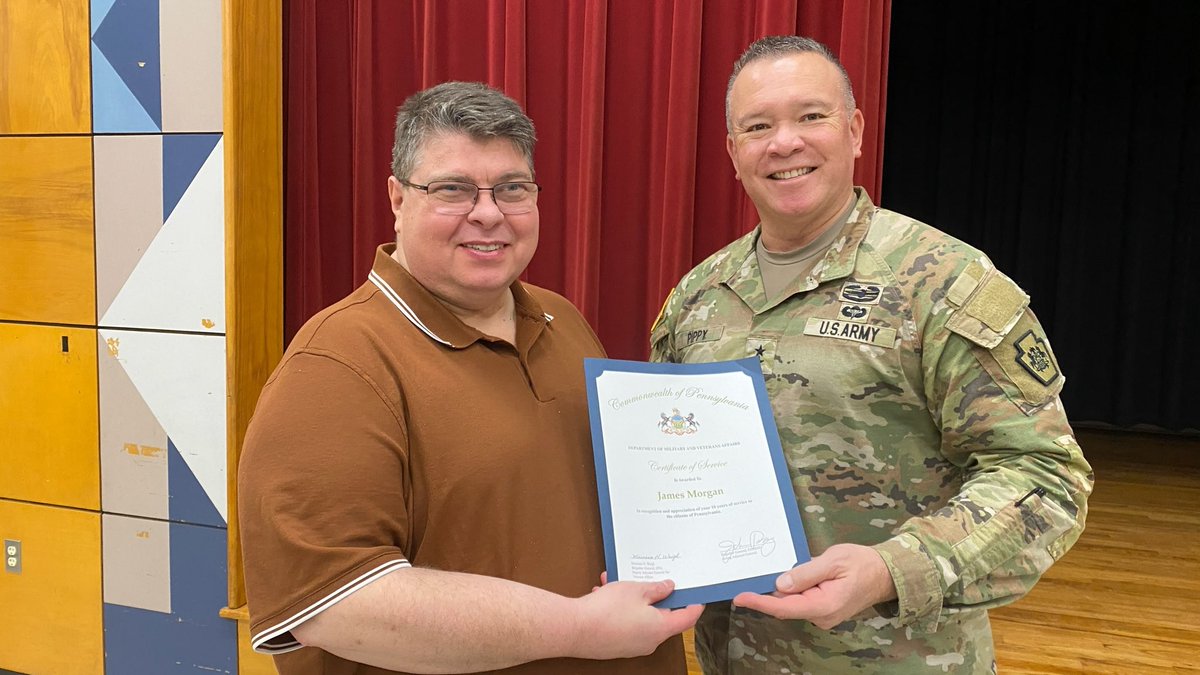 PADMVA's tweet image. Today the Department of Military and Veterans Affairs (DMVA) honored two of its own. Karen Scarlett was presented a certificate of service for her five years of service and James Morgan was presented a certificate of service for his 10 years of service. DMVA thanks you both for…