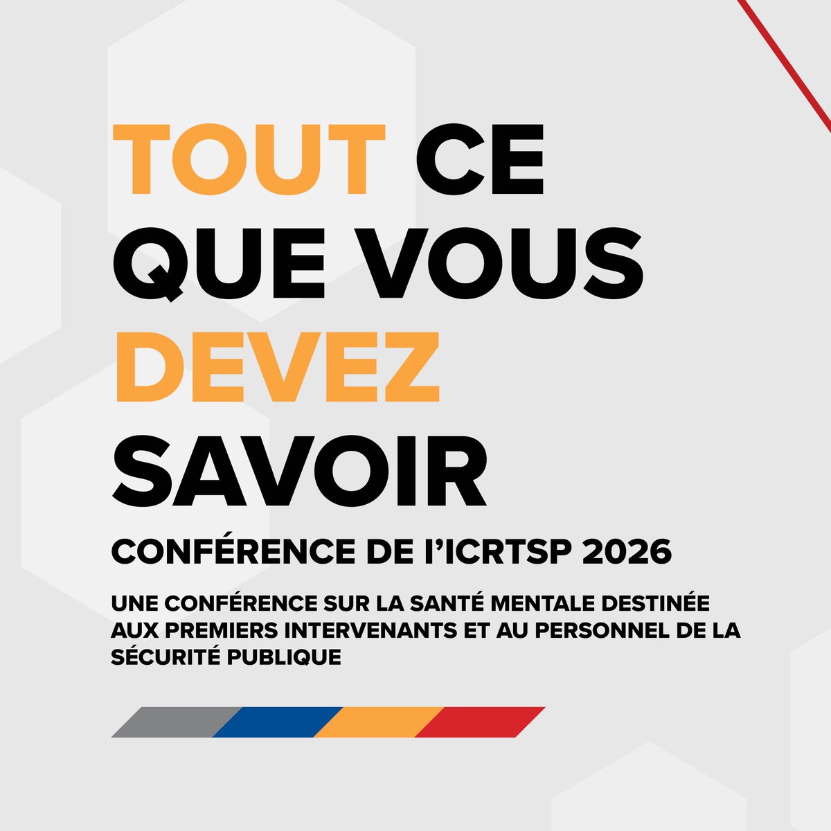 CIPSRT_ICRTSP's tweet image. 🌟 Rappel pour les inscriptions au tarif lève-tôt 🌟 
 
La Conférence de l&apos;ICRTSP 2026 est l&apos;occasion idéale pour nouer des liens, apprendre et évoluer au sein de la communauté de la sécurité publique. 
 
👮‍♀️ Qui participe? Le personnel de la sécurité publique, les dirigeants,…