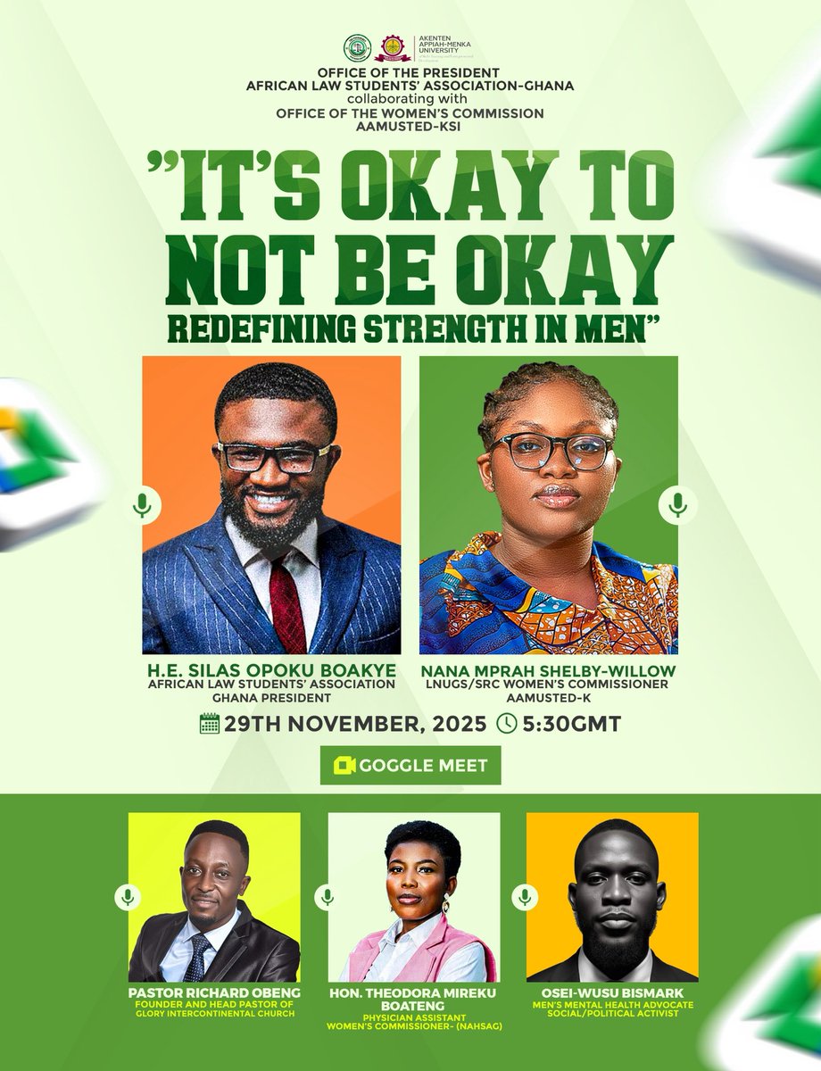 alsa_ghana's tweet photo. “It’s Okay Not to Be Okay- Redefining Strength In Men”

Join us as we break the silence, challenge stereotypes, and create a safe space for men to speak, feel, and heal. 🌍💪

*🗓 29th November, 2025*
*⏰ 5:30 GMT*
*📍 Google Meet*
https://t.co/f0SY4iwPG0

#MensMentalHealth https://t.co/dtYAktmdKP