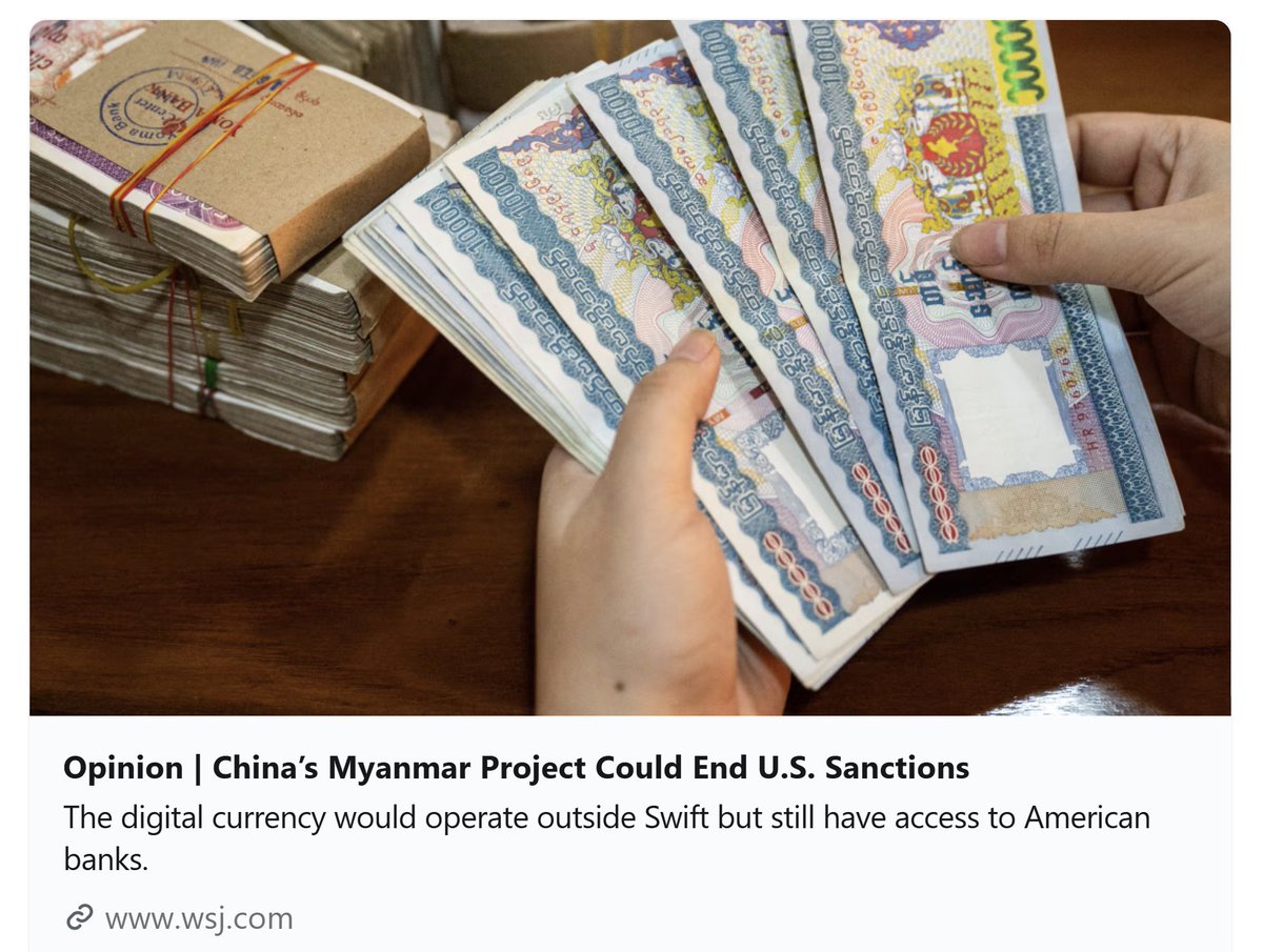 美国之声--中共用数字缅元终结美国制裁，已经在准备“后美国时代”。美国的银行应立即切断与ICBC、或其他CIPS支付机构的代理关系】2025年11月19日《华尔街日报》：  中共正帮助缅甸军政府打造数字缅元支付系统，可让受美国制裁的国家或实体绕过Swift、隐匿资金流向，甚至通过 ...