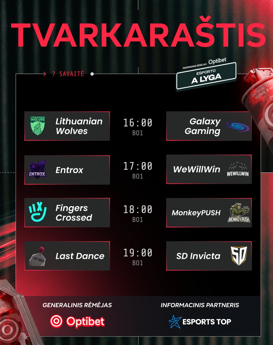esportolyga's tweet image. 🟢 Rytoj paskutinė „A lygos“ reguliaraus sezono savaitė!

16:00 #LithuanianWolves VS #GalaxyGaming
17:00 #Entrox VS #WeWillWin
18:00 #FingersCrossed VS #MonkeyPUSH
19:00 #LastDance VS #SDInvicta

🎥 Stebėk kovas mūsų Twitch ir YouTube kanaluose: linktr.ee/esportolyga
