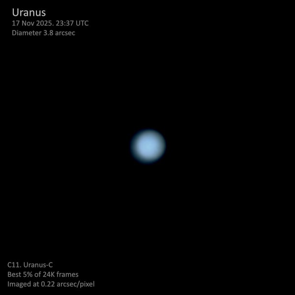 Uranus imaged on the 17th Nov with my Celestron C11 and Uranus-C camera at prime focus.
No detail is visible on this distant world, at least not without appropriate filters, which I dont have!
Quite pleased with the result though