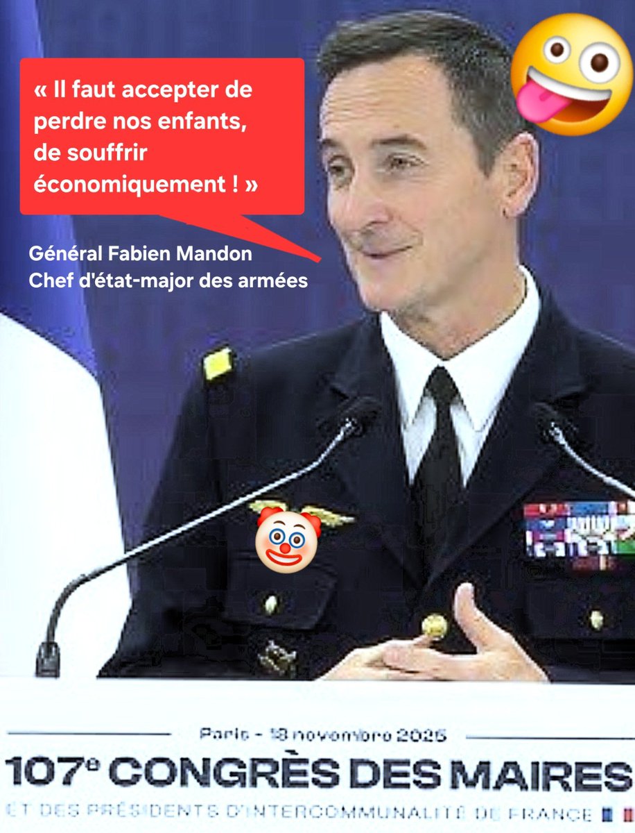 DAVID LISNARD,PRÉSIDENT DE L'AMF
n'a pas trouvé mieux qu'inviter le Chef d'état-major pour son 107e Congrès.
Lequel a exhorté tous les maires de France à préparer leurs administrés à envoyer leurs enfants se faire tuer en Ukraine!
Merci à <a href="/DidierMaisto/">Didier Maïsto</a> de dénoncer cette dinguerie