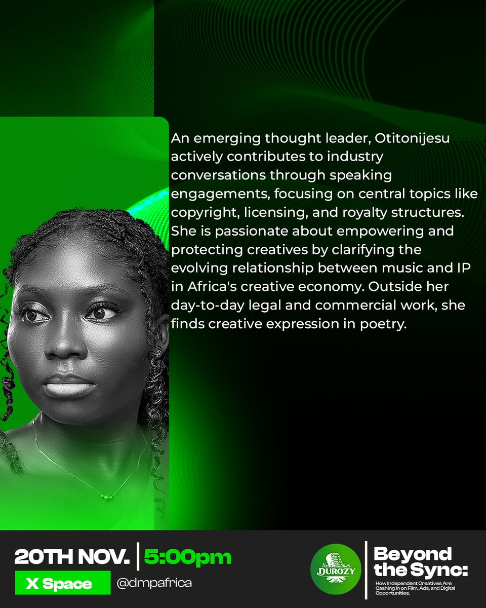 Dmpafrica's tweet image. Introducing Otitonijesu “JT” David , the legal and licensing genius helping African music reach global screens. 
From Mavin catalogue administration to international sync placements, her work connects African sound to worldwide opportunities.

#durozy2025 #beyondsync #xspace