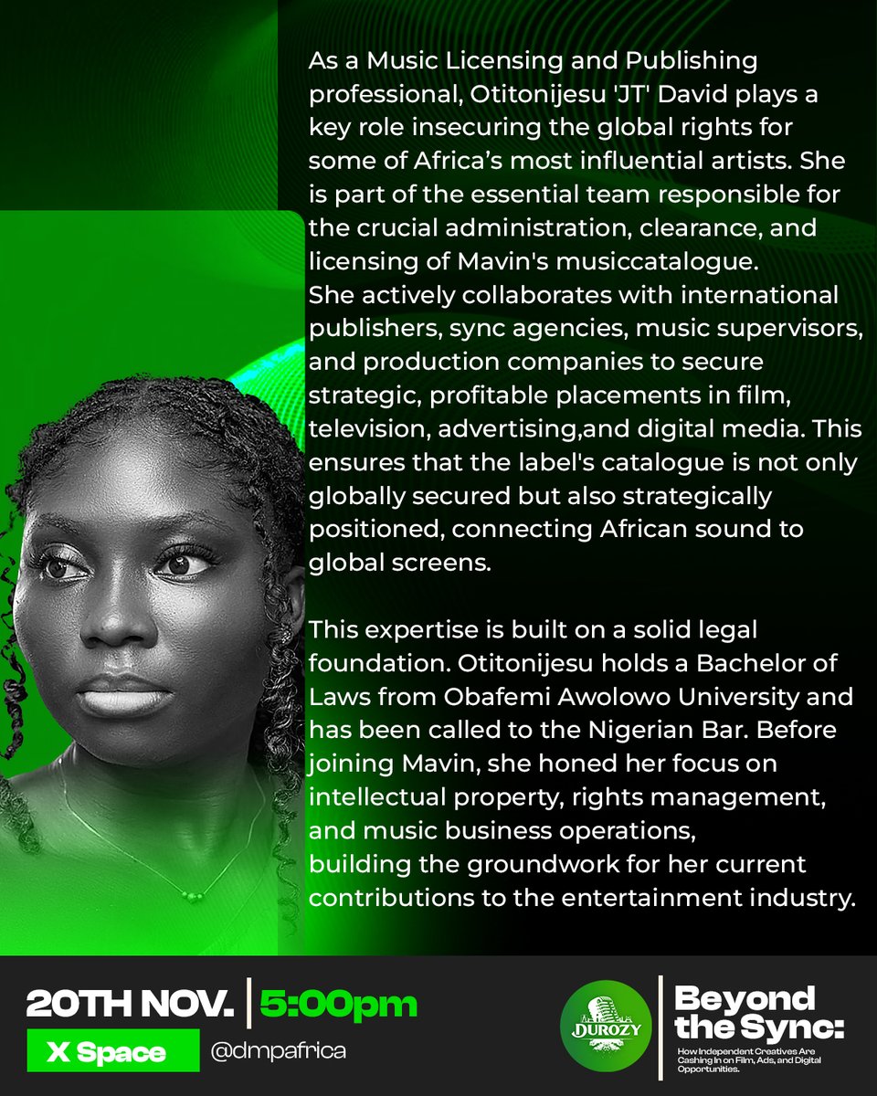 Dmpafrica's tweet image. Introducing Otitonijesu “JT” David , the legal and licensing genius helping African music reach global screens. 
From Mavin catalogue administration to international sync placements, her work connects African sound to worldwide opportunities.

#durozy2025 #beyondsync #xspace