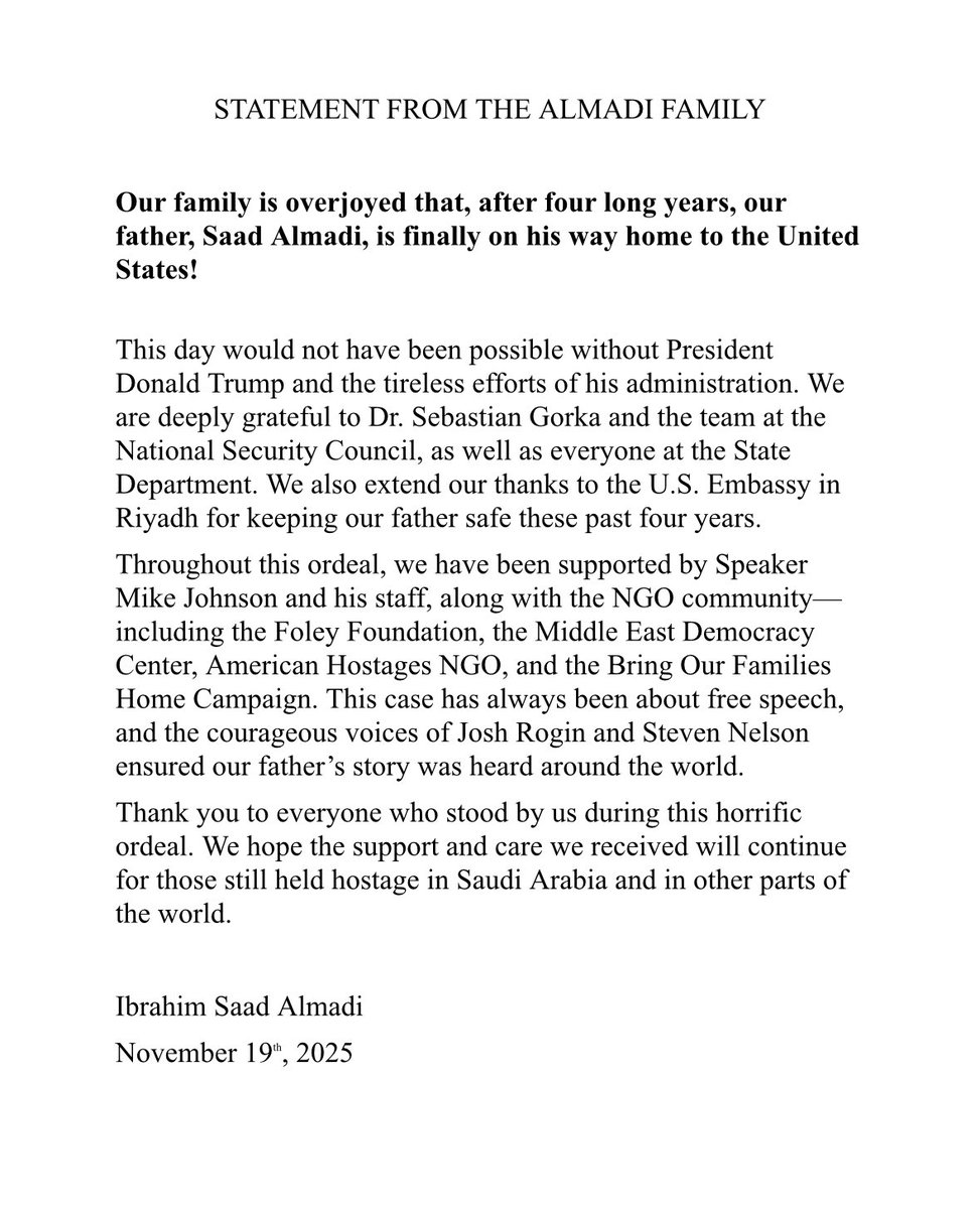 IbrahimSAlmadi's tweet image. Statement from the Almadi family