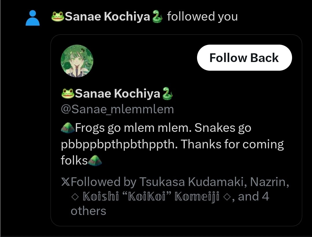CosmicCheifess's tweet photo. "Oh my god a frog!!

These are prey for crows, the animal.

Should I eat her?

Take that as you will, but she will mot have a bite taken out of her.
That Moriya goddess is scary..." https://t.co/v7k77xM8yr
