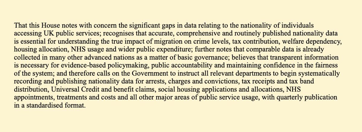 RupertLowe10's tweet image. I have tabled a parliamentary motion calling on the Government to instruct all departments to begin systematically recording/publishing nationality data for crime, tax contribution, benefit claims, social housing allocation, NHS usage and more.

Show the British people the truth.