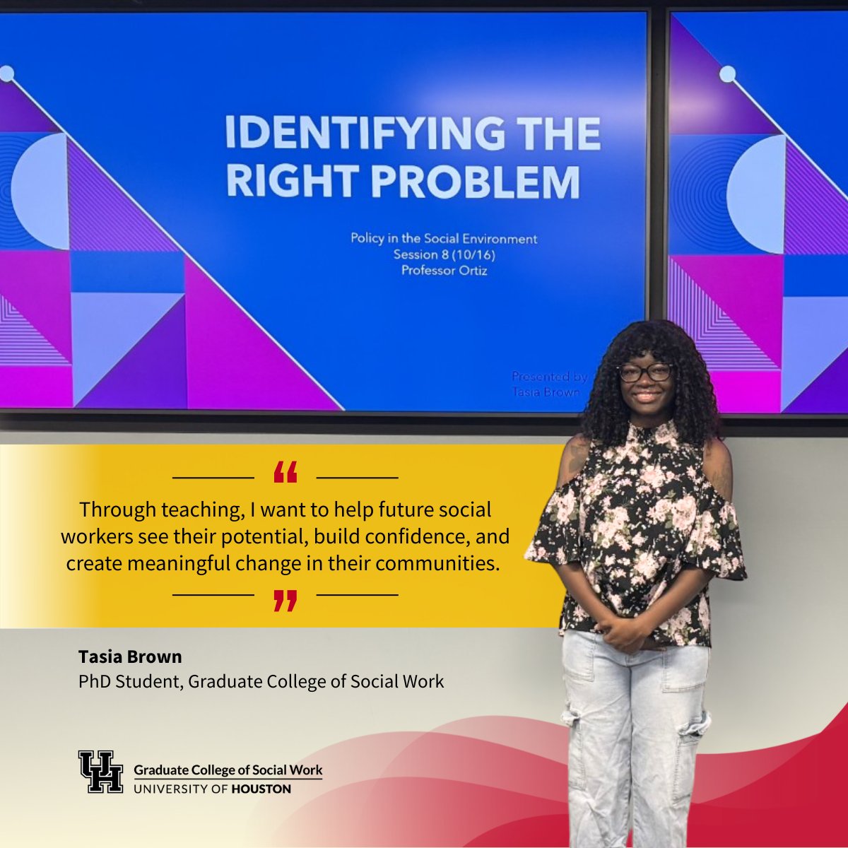 MSW/PhD dual student Tasia Brown collaborated with adjunct faculty Lillian Ortiz to teach first-semester MSW students, “Teaching allows me to pour back into students the same guidance and encouragement that shaped my journey.” 

#uhsocialwork #WCYD #ChartingOurPathToExcellence