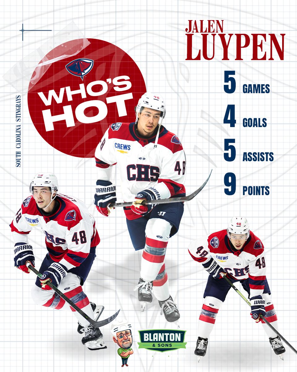 SCStingrays's tweet image. Jalen Luypen is HEATING UP. 🔥

With 9 points in 5 games, Lups is your “Who’s Hot” player presented by Blanton &amp;amp; Sons.

#SCStingrays | #RaysIt
