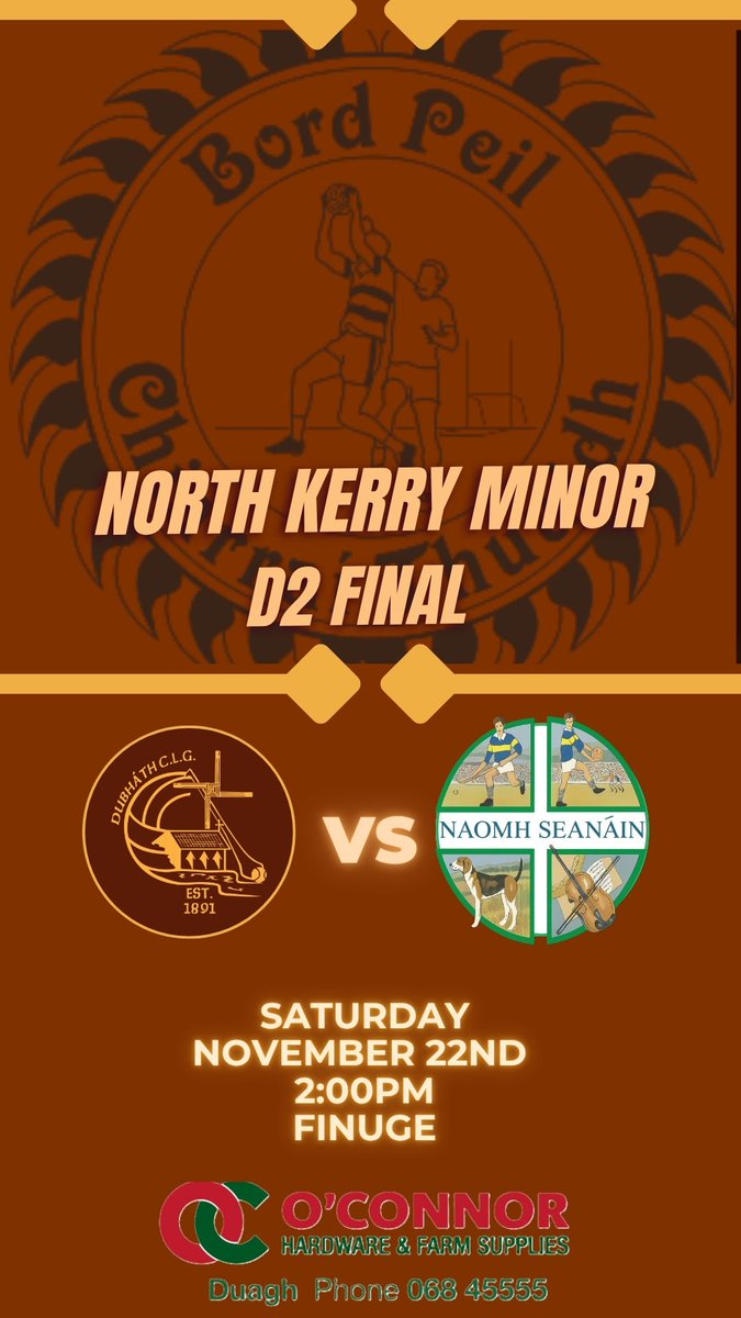 🚗💨 All roads lead to Finuge this Saturday!

Duagh face St Senans in the North Kerry Minor D2 Final — a repeat of the first game of the competition.

Let’s  get behind them!
Come on Duagh! 🟤🟡🏐