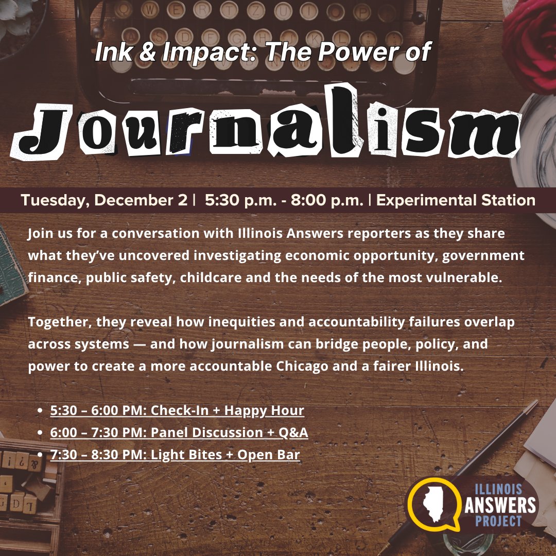 Come raise a glass with our newsroom! 

Be a part of this crucial dialogue with change makers redefining local journalism and its impact on Chicago’s future. Light bites and drinks will be served. Get your tickets here: host.nxt.blackbaud.com/registration-f…