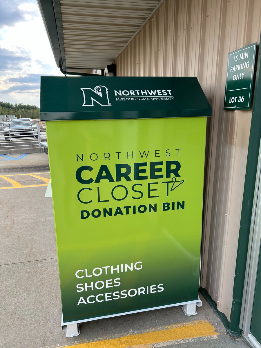 Check out our new Career Closet donation bin. While Admin is closed for renovations this bin is where you can make you donations of used professional clothing. It is located outside the Materials Distribution Center on campus next to <a href="/NW_UPD/">Northwest Missouri State UPD</a>.