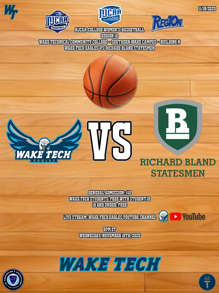 AaronPreston13's tweet image. 🌕Tonight (11/19/2025) 📅
🏫 NJCAA Women&apos;s Basketball 🏀

Wake Tech Eagles 🦅
🆚
Richard Bland Statesmen 🛡

📍Southern Wake Campus
6pm 🕕

🎟 
General Admission: $10
Wake Tech Students: FREE with Student ID
18 &amp;amp; Under: FREE

📺 Wake Tech Eagles YouTube Channel

#WakeTech