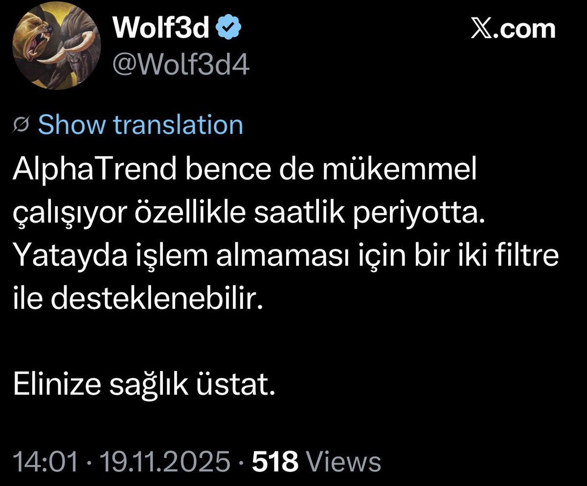 AlphaTrend’i varsayılan parametreleri ile günlük ve haftalık olarak kullanmak anlamlı olacaktır.

Farklı periyotlarda ise göstergelerin büyük çoğunluğu gibi optimize edilmelidir.

En etkili ve verimli yöntem, arkadaşımızın da bahsettiği: Walk Forward Optimizasyonu / Analizi