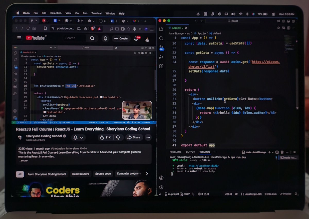 ManojCodes's tweet image. Day 16 — 100 Days of Code
Revised API calls in React using Fetch + async/await, and explored Axios for the first time.
Much cleaner &amp;amp; easier to handle!
Also played around with free APIs and used useEffect for data fetching.
Thanks @sheryians_ for the clarity!
#React #WebDev