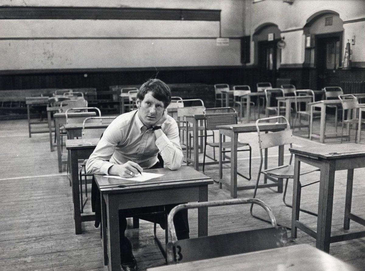 PictureSporting's tweet image. David Bairstow sitting his English A level at Hanson Grammar School in Bradford at 7am, June 5th 1970.  Bairstow, 18, was in the middle of his first-class debut for Yorkshire v Gloucestershire at Bradford Park Avenue