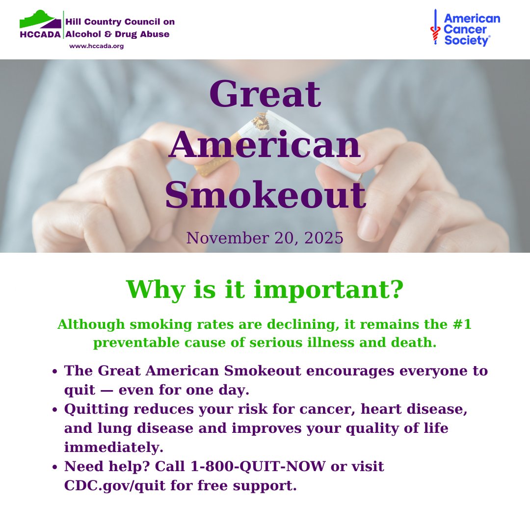 Tomorrow is the Great American Smokeout! Choose health and hope with HCCADA by your side. Whether quitting smoking or vaping, seize this fresh opportunity for your well-being! #GreatAmericanSmokeout #ChooseHope #HCCADA