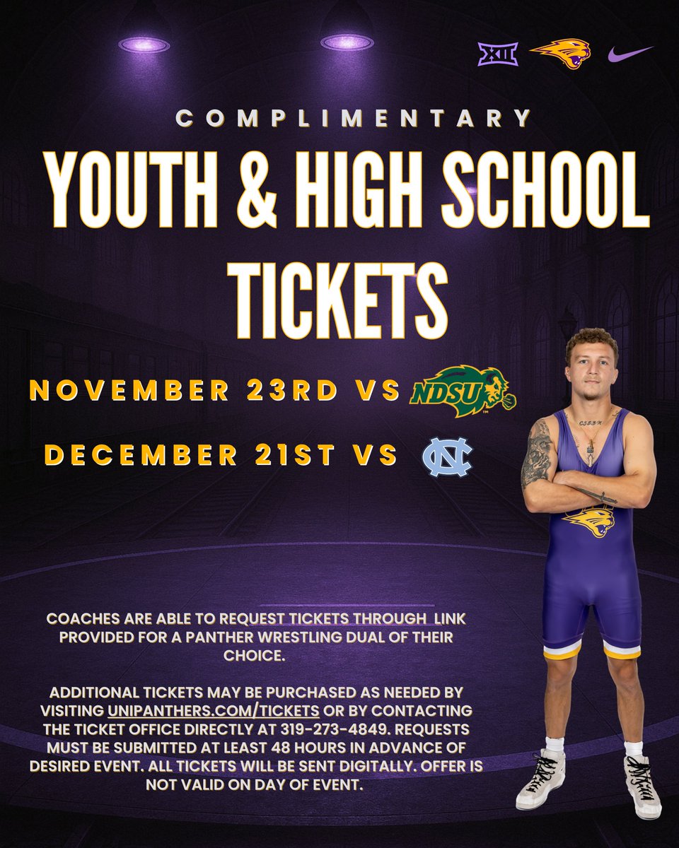 UNI_wrestling's tweet photo. Calling all youth &amp; high school programs! 🐾
Get complimentary tickets for UNI Wrestling’s home duals on Nov. 23rd (NDSU) and Dec. 21st (UNC).
Coaches can request tickets at the link below! 💜💛

https://t.co/9WW9BcV9tc

#PantherTrain l #EverLoyal https://t.co/3TB8WXJT3x