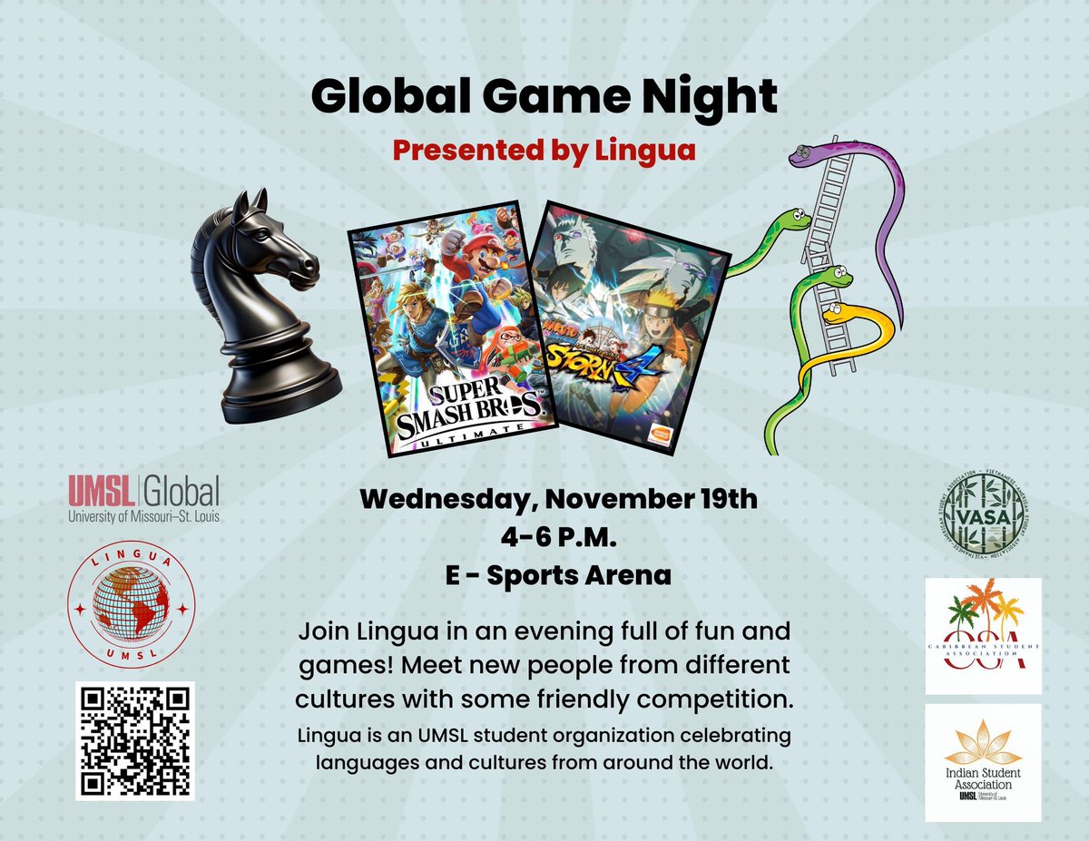UMSL Global is teaming up with Lingua, the Caribbean Student Association, the Indian Student Association, and the Vietnamese American Student Association for a Global Game Night tonight from 4–6 PM in the Esports Arena! Come play, connect, and celebrate our global community.