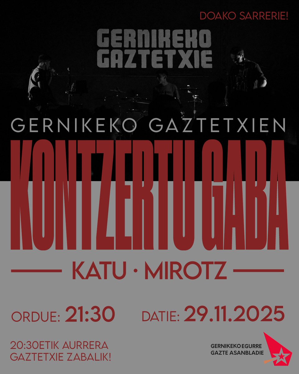 BADATOR KONTZERTU GABA GERNIKEKO GAZTETXIEN!🎤🎸

Datorren zapatuen, azaroak 29, Katu eta Mirotz taldiek eukiko doguz gaztetxien! 20:30xetatik aurrera gaztetxie zabalik egongo da. Hurbildu!🔥