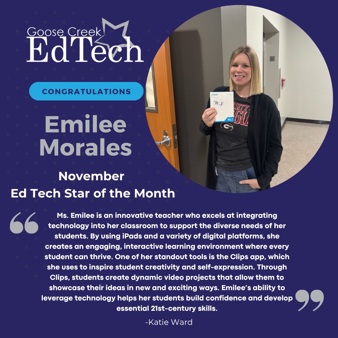 gccisd_edtech's tweet image. 🌟 Congratulations to our November EdTech Star, Emilee Morales from Lee High School! Emilee excels in technology integration, with creativity, dedication, and support for students and staff. We’re proud to celebrate her! 💙💻