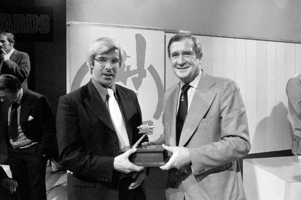 David Steele after being presented with the BBC Sports Personality of the Year trophy by Jim Laker in 1975.  Steele was the first cricketer to win the award since Laker 19 years earlier #SPOTY