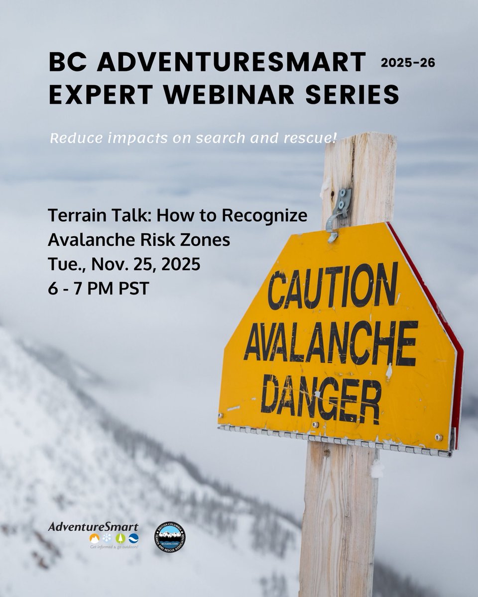 BCAdvSmart's tweet photo. Excellent opportunity to #KnowBeforeYouSNOW on November 25, 2025 with our close friends @ Avalanche Canada.
Join our expert webinar series, there’s 8 events to check out between November - March!
https://t.co/tiS3w4mN0m https://t.co/B5FLqkKZWZ