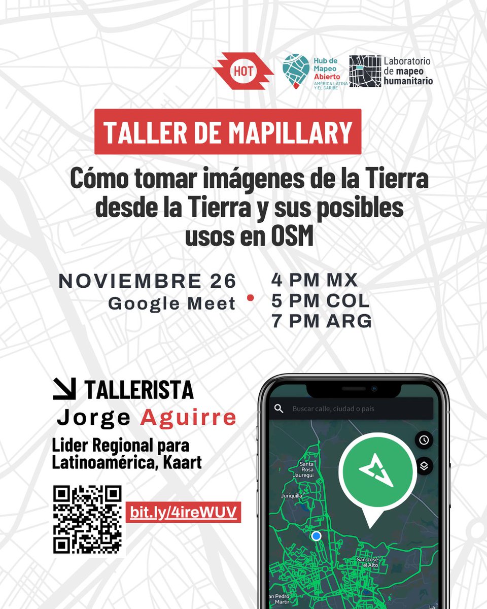 #Taller | Acompáñanos con Jorge Aguirre para aprender a usar Mapillary y potenciar tus proyectos de mapeo abierto. 📲🗺️

🗓️ Miércoles 26 de noviembre
4pm MX / 5pm COL / 7pm ARG–CH
🔗 Regístrate: bit.ly/4ireWUV