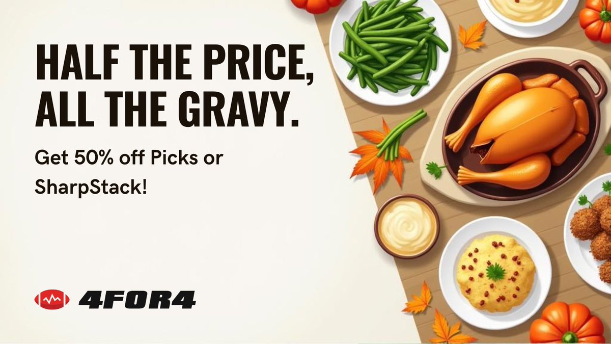 SharpStack's tweet image. Thanksgiving promo is live 🦃

50% off a full year of SharpStack or a full year of Picks.
Same tools, same edges — now half the price.

Details → 4for4.com/plans