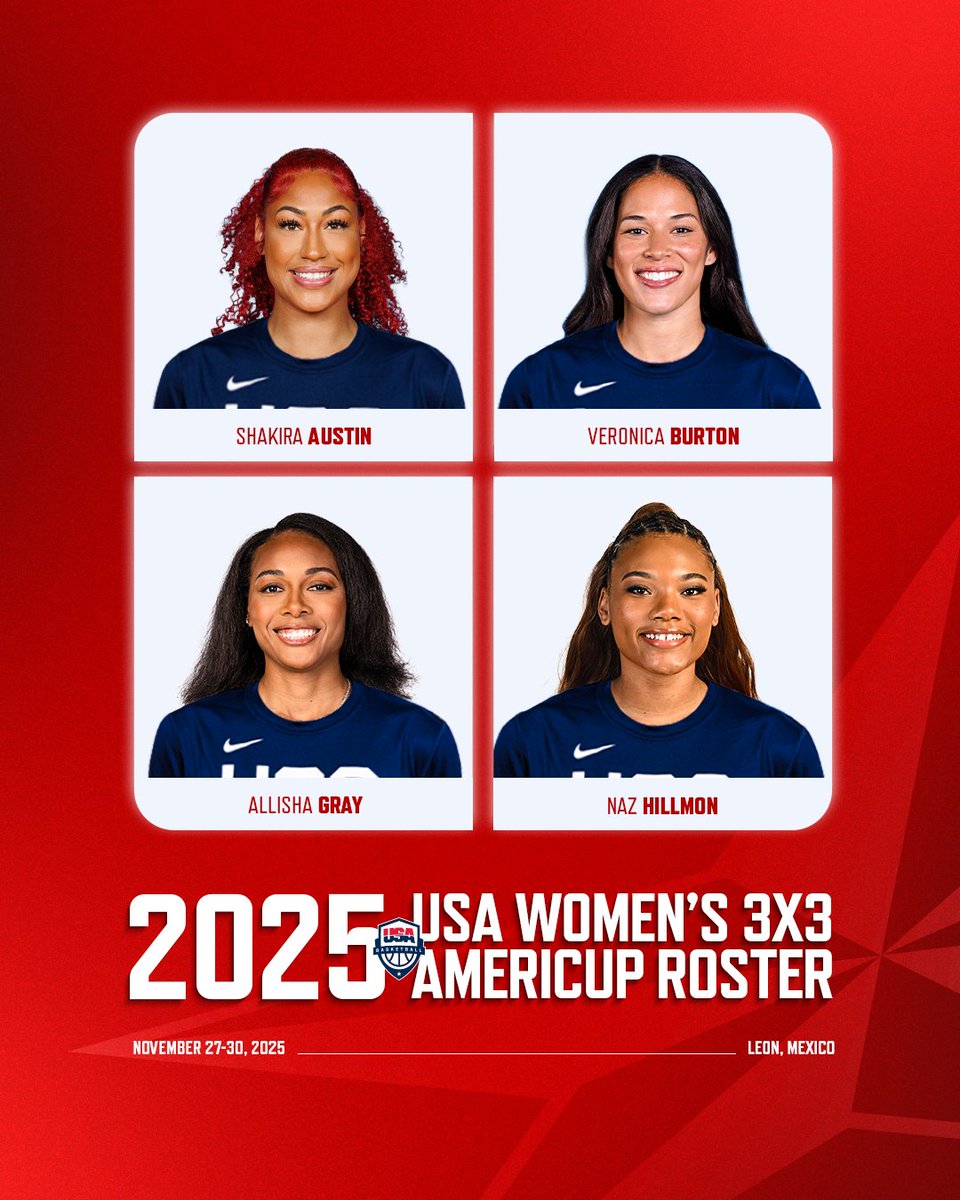 The 🇺🇸 Women for the 2025 #3x3AmeriCup! 👊

♦️ <a href="/Theylove_kira/">Shakira Austin✨</a> 
♦️ <a href="/Veronicaab22/">Veronica Burton</a> 
♦️ <a href="/Graytness_15/">Allisha Gray</a> 
♦️ <a href="/nazhillmon/">Naz Hillmon</a>