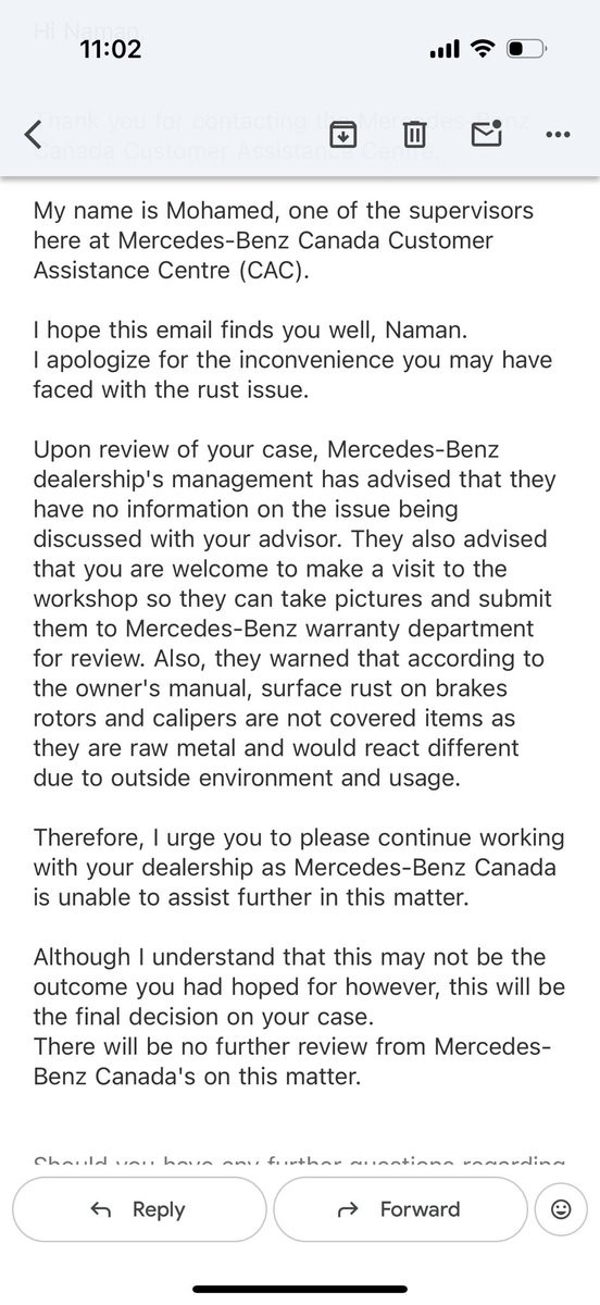 thenamanarora's tweet photo. @MercedesBenzCDN Here is the same resolution online team has come up with- taking no responsibility of the part that has been put in there. Environmental conditions should have been taken in consideration while making the part. This is disappointing from a $120K vehicle. https://t.co/g0q1GYUT3S