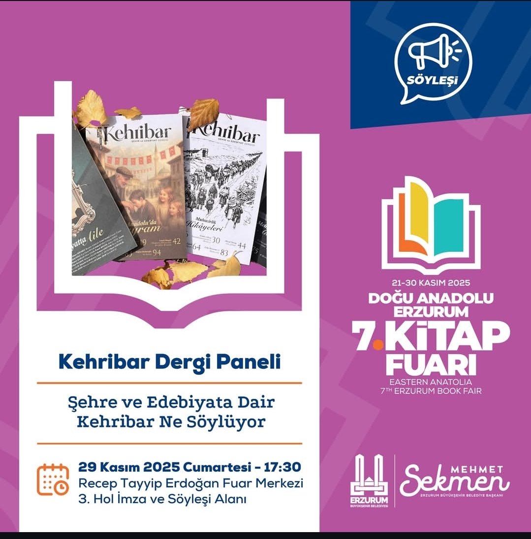 <a href="/mesutturan1969/">Mesut Turan</a> <a href="/alpedebi/">Alparslan Aydın</a> Şubemizin gözbebeği Kehribar Dergisi, imtiyaz sahibi ve şube başkanı Sayın Memet Gözütok'un yönetiminde gyy, editör ve yayın kurulu "Şehre ve Edebiyata Dair 'Kehribar' Ne Söylüyor" başlığıyla panel programında söz alacaktır.

Davetlisiniz.
#kehribardergisi #tyberzurum #kitapfuarı