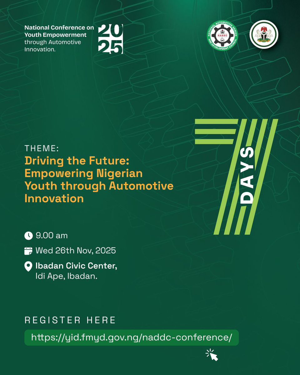 EMPOWERING NIGERIA YOUTHS THROUGH AUTOMOTIVE INNOVATION

Join us on Wednesday, 26th November, 2025, at the Ibadan Civic Center, Idi-Ape, Ibadan, as we explore the future of automotive innovation and its impact on Nigeria's youth.

 TIME: 9am
VENUE: Ibadan Civic Center, Idi-Ape,
