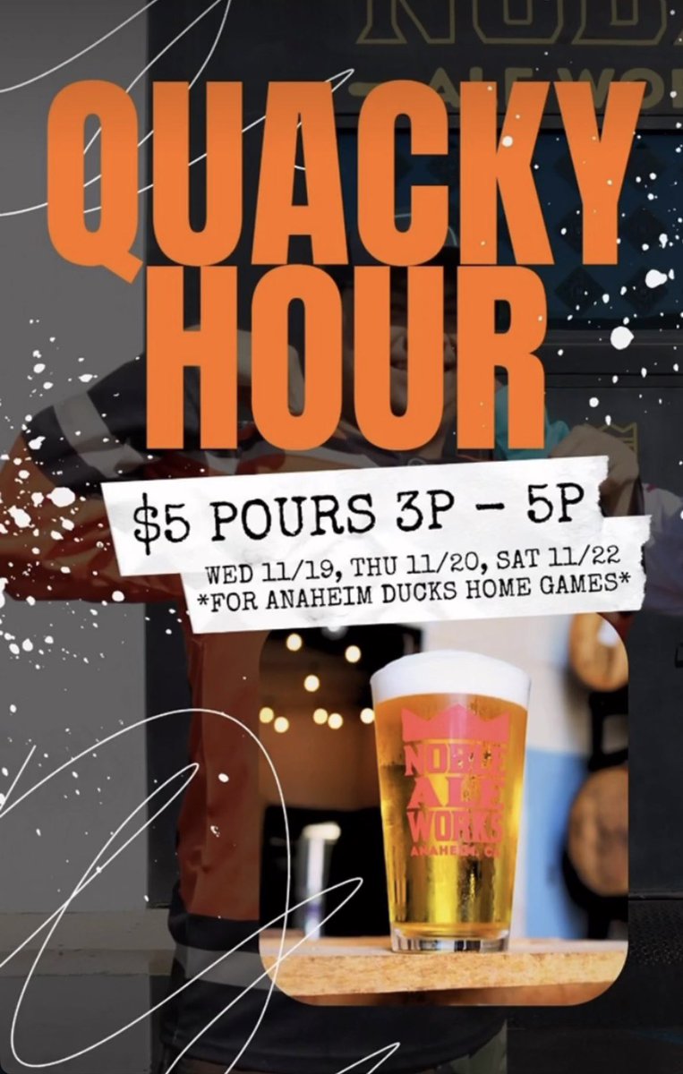 LateArrivalsPod's tweet image. Quacky Hour is going down for Anaheim Ducks home games at @NobleAleWorks! 

Don’t miss out! #FlyTogether