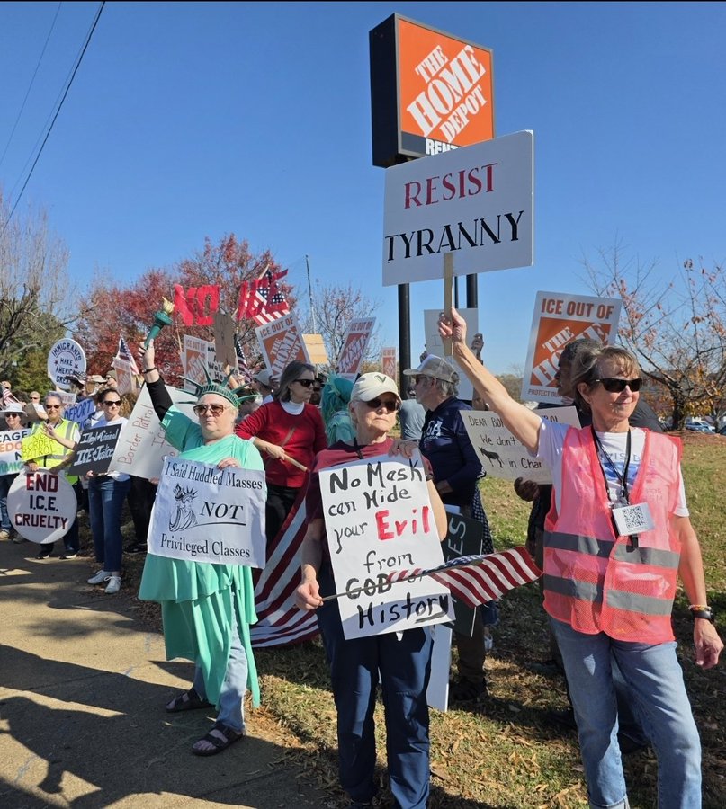 mattvanswol's tweet image. This is a high-resolution photo of the anti-ICE protestors currently outside of Home Depot in Charlotte NC.

What do you notice about the protests?

Do you see it?!!!