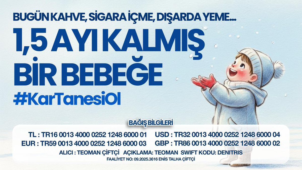 Teoman’ın tedavi şansı, insanların bir arada durmasıyla büyüyen iyilik gücüne bağlı. Bir çocuğun nefesi için atılan her adım değerlidir. Paylaştığın bir cümle bile, bu mücadelenin bambaşka kapılar açmasına vesile olabilir.
#KarTanesiOl