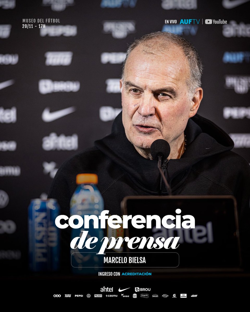Uruguay's tweet image. Jueves 20/11, 17h, desde el Museo del Fútbol, Marcelo Bielsa hablará en conferencia de prensa. Transmite AUF.tv 📺