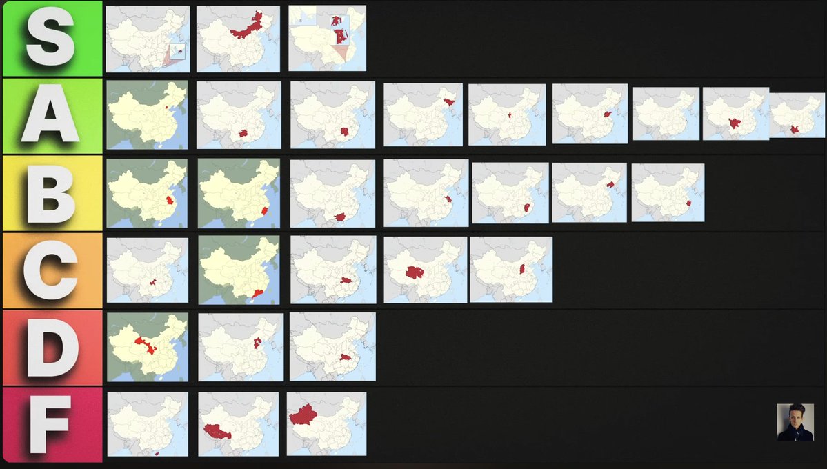 > Categoría S: Hong Kong, Mongolia Interior, Macao
 > Zhejiang: Categoría B porque "tiene bonitas vistas, pueblos próspe