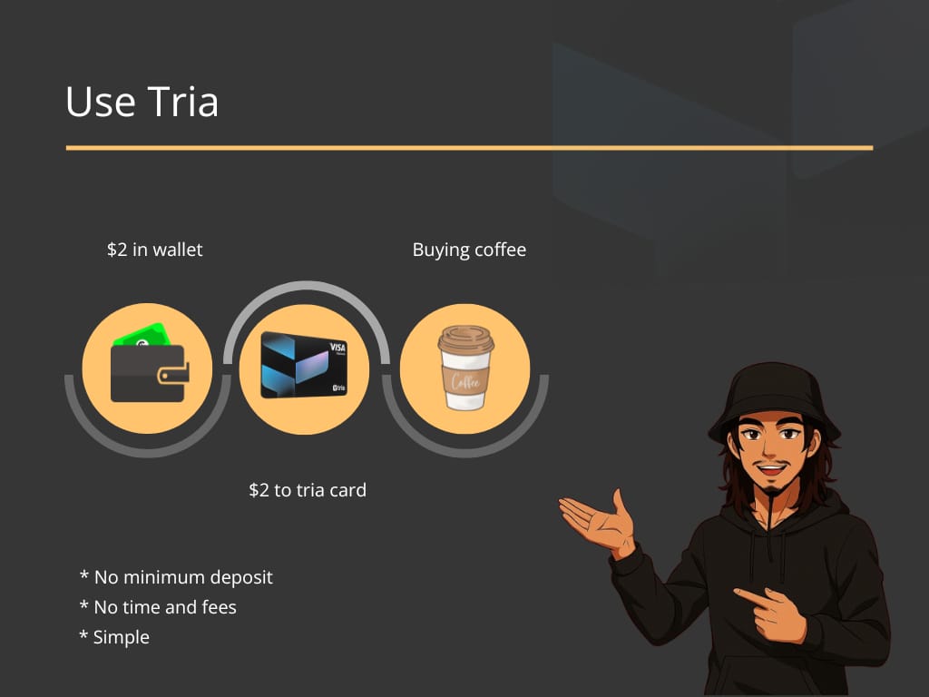 0xdesert_'s tweet photo. Hi, I would like to share my opinion about why I use tria.

Everyone talks about the future of crypto finance, but often forgets the hardest things happen in small transactions using crypto in the real world.

A simple yet realistic example:
I just want to spend $2 in my Web3 wallet to buy coffee. How do I do that? It might be difficult using conventional methods, but not with @useTria. Let's talk about it👇

1/ Conventional Method
Wallet > CEX > Withdrawal > Bank > Coffee
*Requires unstable gas fees
*Takes time and withdrawal fees based on CEX
*Need minimum withdrawal

2/ Wallet > Tria Card > Coffee
*No minimum deposit
*No time and fees
*Simple

With Tria : tokens are converted into fiat balance in a single top-up process. The balance is then instantly ready to spend on Grab or any other e-commerce platform. This is where the flow finally starts to make sense.

I’ve finally arrived at one simple conclusion: New technology is only truly useful when it makes life lighter, not more complicated.