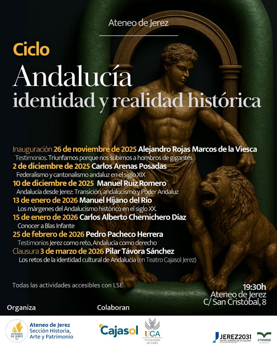 El <a href="/AteneodeJerez/">Ateneo de Jerez</a> ha elaborado un ciclo sobre #Andalucía entre el #4D y el #28F con el que colaboro con una charla

Os invito a leer el programa y a asistir

#historia y ponentes se mezclan con testimonios de primera mano

#jerez
#andalucismo
#jerezdelafrontera
Colabora <a href="/Cajasol/">Fundación Cajasol</a>