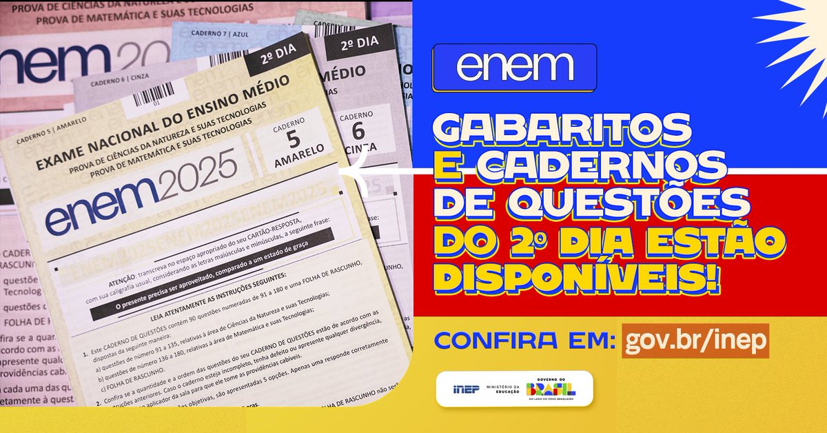 inep_oficial's tweet image. Os gabaritos e os cadernos de questões do 2º dia do Enem 2025 estão disponíveis no portal do Inep, organizados por dia de aplicação, cor e tipo de caderno.

🌐 Acesse em: gov.br/inep