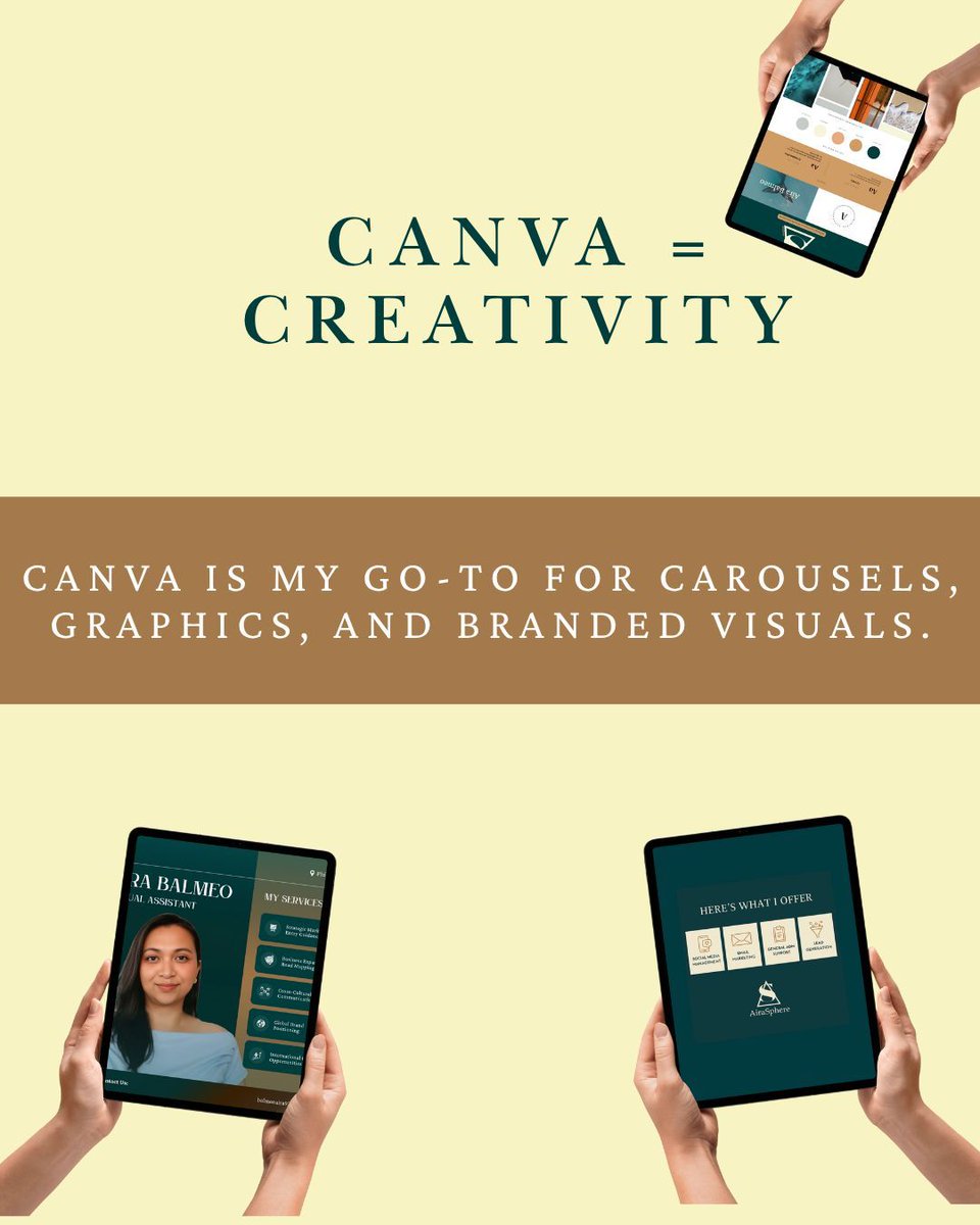 AiraBalmeo's tweet image. These are my daily VA tools: Google Workspace = Organization, Trello = Workflow, Canva = Creativity
They keep me organized, creative, and client-ready every single day. 
#ProductivityTools #VAworkflow #DigitalWorkspace #CanvaVA #VirtualAssistantLife #SystemsBuilder