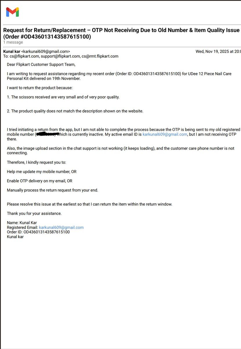 karkunal609's tweet photo. @Flipkart @flipkartsupport
This is unacceptable. I’m trying to return my order OD436013143587615100, but NONE of your support channels are working.
• Customer care number not working
• Support email not working
• Help Centre image upload not working https://t.co/mHlTIcZlxq