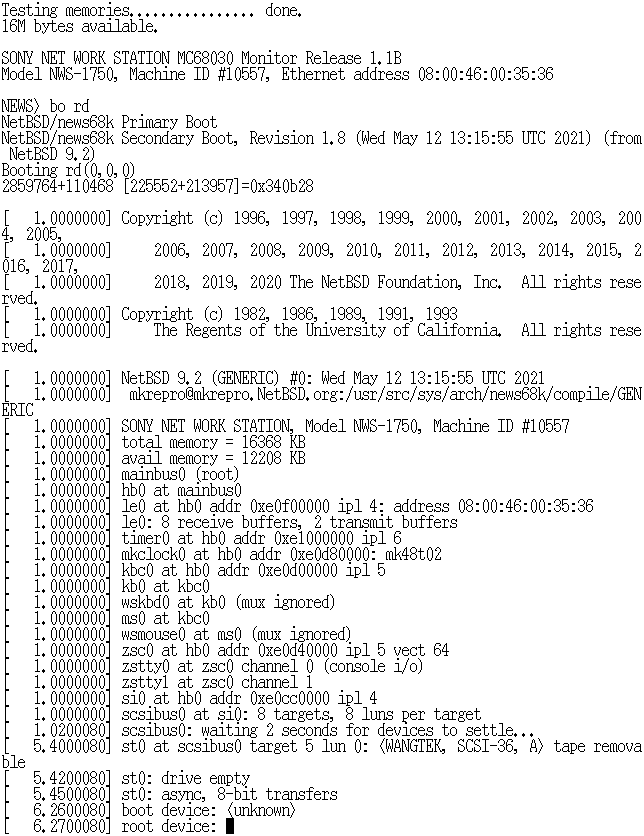 tsutsuii's tweet image. CISC NEWSネットワークブート続き（おまけ）

1枚目：ChatGPTへの追加リクエスト
2枚目：そのソースをビルドして NetBSD/news68k バックアップディスクイメージ指定で rd 使って NWS-1750でネットブートした図