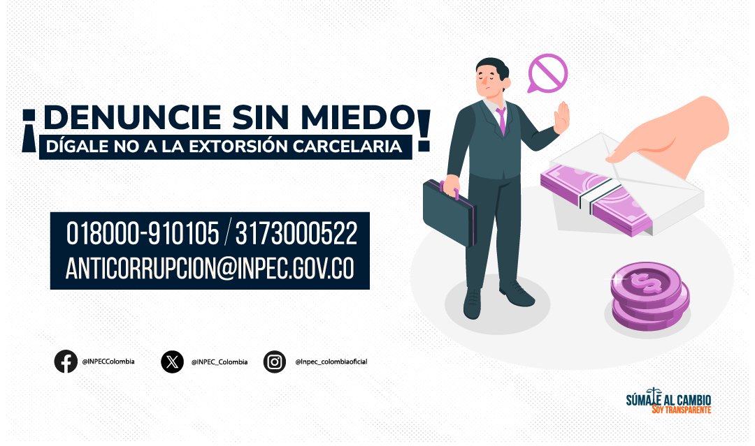 INPEC_Colombia's tweet photo. #NoALaExtorsión✋ | Atención ⚠️ #Colombia llegó el momento de denunciar la extorsión carcelaria. No siga siendo víctima de este delito #SoyTransparente aquí ⬇️ las líneas telefónicas☎️ para que no caiga más en este flagelo. https://t.co/QSmpZmE2aU