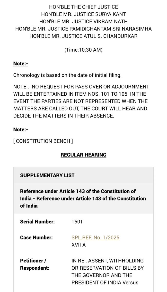 barandbench's tweet image. Supreme Court to deliver its verdict tomorrow on the Presidential Reference on whether Governors and the President can be bound by fixed timelines while granting assent to Bills.

#SupremeCourt #PresidentialReference