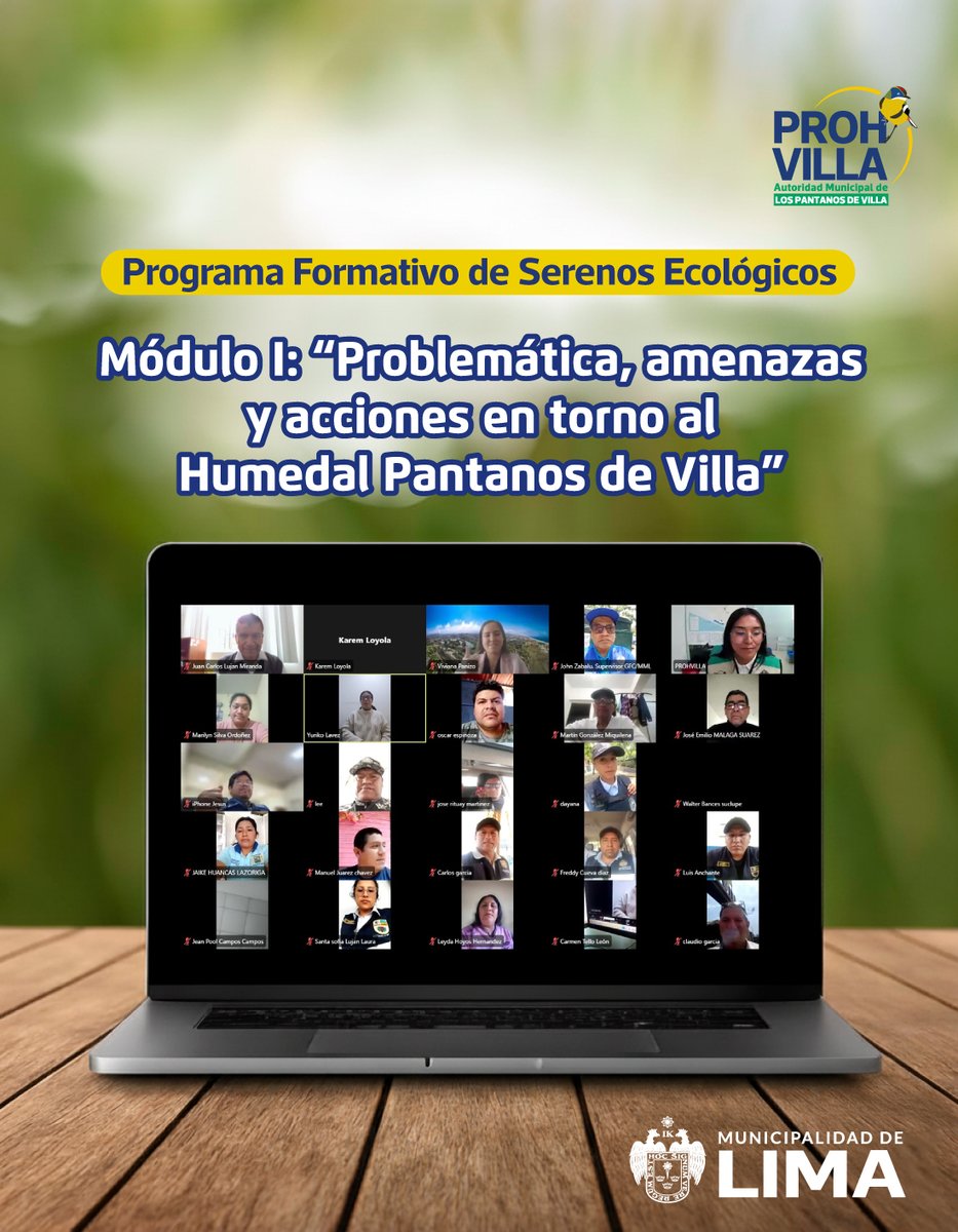 🌿👮‍♂️ ¡Iniciamos el Programa de Formación de Serenos Ecológicos 2025!

La jornada contó con la participación de especialistas del SERNANP, la Municipalidad de Lima y nuestro equipo técnico, encabezado por la Directora Técnica, Arq. Viviana Panizo
#PROHVILLA #EducaciónAmbiental